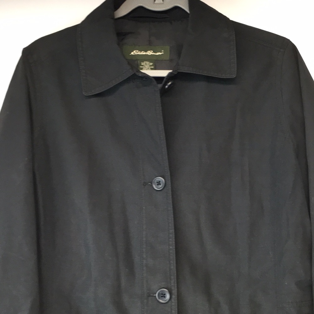 Eddie Bauer Black Trench Coat. Button up Medium - Picture 3 of 7